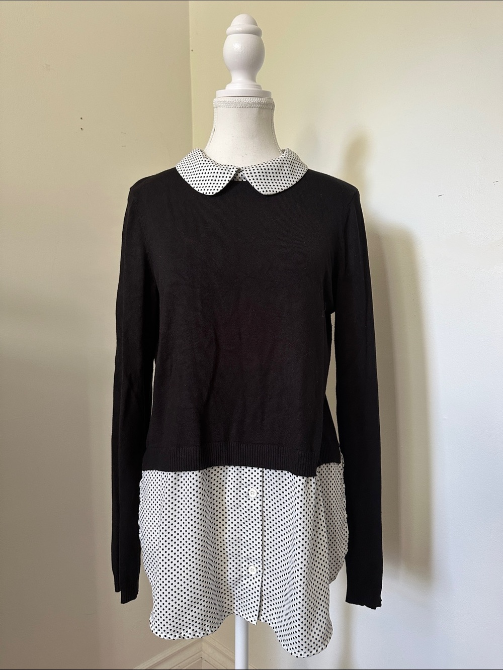 ADRIANNA PAPELL Polka Dot Twofer Peter Pan Collar Twee Preppy Office Top Medium